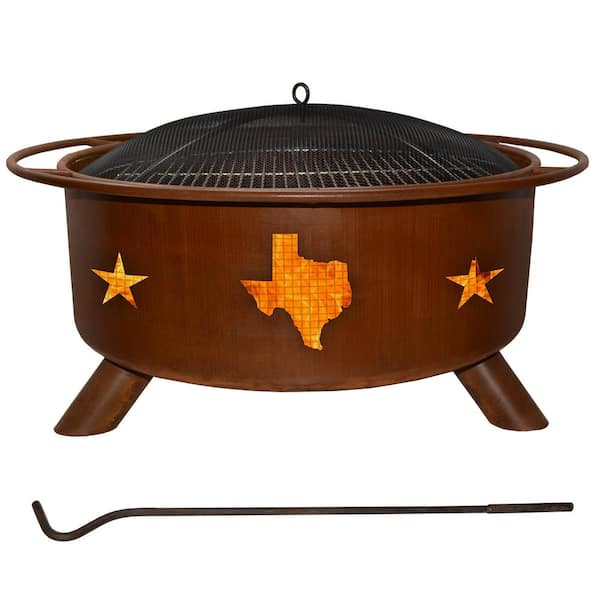 Unbranded Texas State Stars 29 in. x 18 in. Round Steel Wood Burning Fire Pit in Rust with Grill Poker Spark Screen and Cover