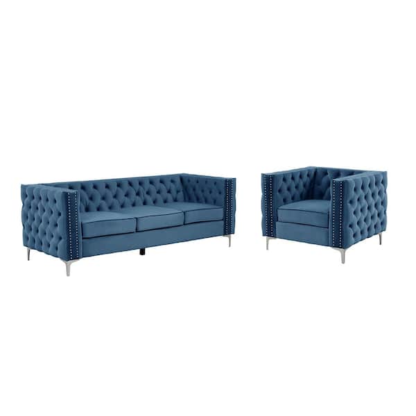 Morden Fort Modern 2-Piece Chair and Sofa Couch Set with Dutch Velvet Top Iron Legs in Blue