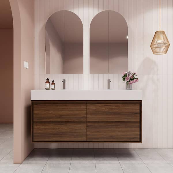 BV Better Vanity Saggie 59 in. W. x 20 in. D x 28 in. H Double Sink Floating Bath Vanity in Rosewood with White Acrylic Top
