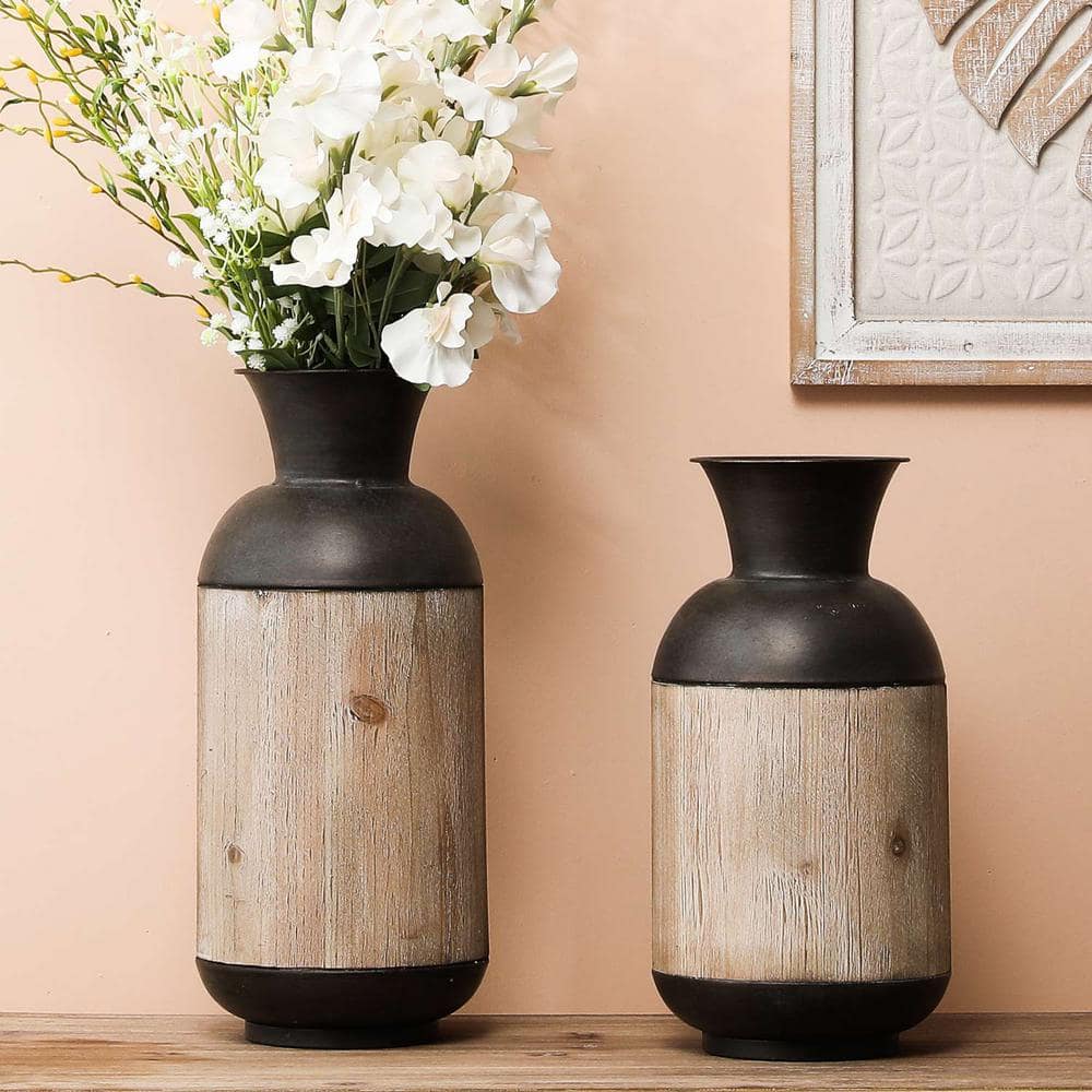 Rustic Charm Dark Brown Metal & Natural Fir Wood Vase Set