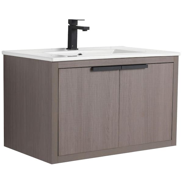 Fine Fixtures Kingsford 30 in. Single Wall Mounted Gray Oak Bath Vanity with Doors with White Ceramic Sink Top