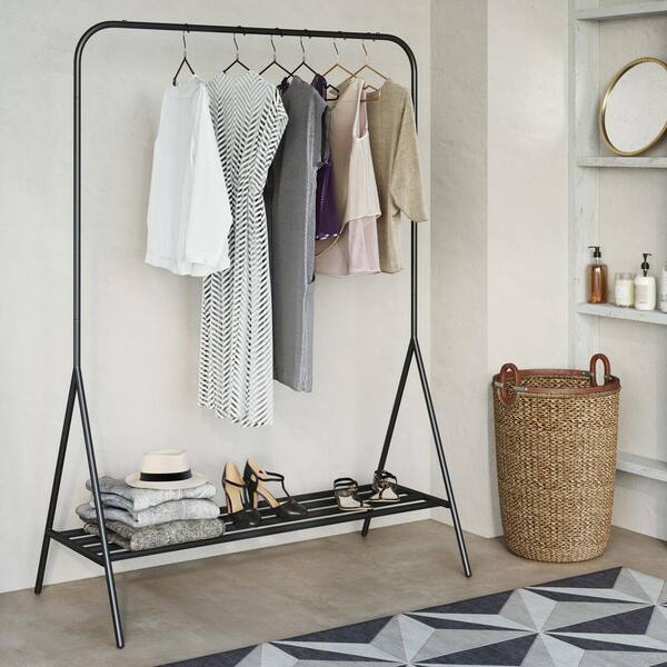Nathan James Tia Black Metal Freestanding Clothing Garment Rack for Closet Entryway with Hanging Rod and Bottom Shelf or Shoe Storage