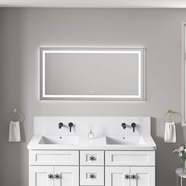 Gun Ash 55.00 in. W x 28.00 in. H LED Modern Rectangle Aluminium Framed Wall Mirror
