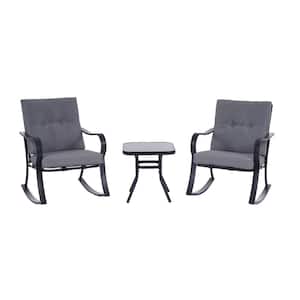 3-Piece Metal Outdoor Bistro Rocking Set with Gray Cushion