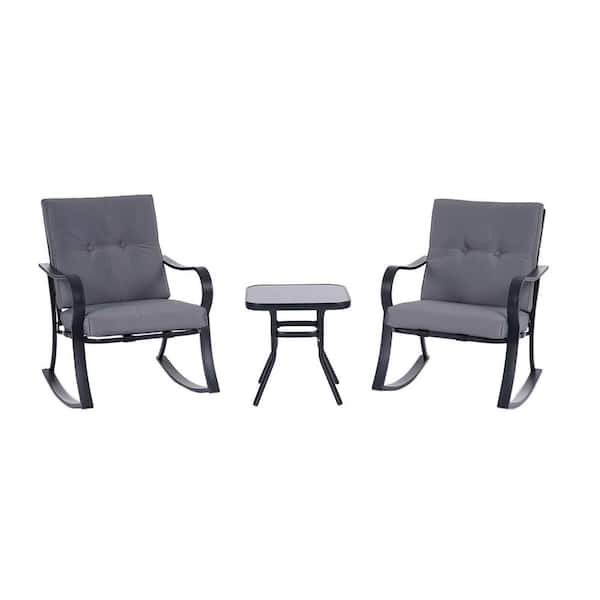 Unbranded 3-Piece Metal Patio Conversation Set 2 Rocking Chairs, Coffee Table with Gray Cushions