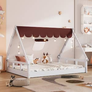 Tent Style White and Brown Wood Frame Full Size Floor Bed, Platform Bed with Linen Tent Cloth, Fence and Roof