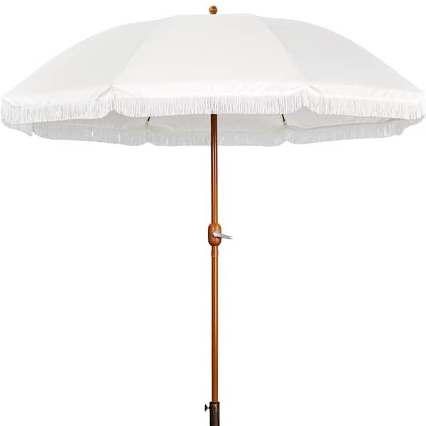 9 ft. Patio Umbrella with Tassels 8-Rib Solar Parasol with Crank Operating Mechanism for Garden, Backyard, Cream