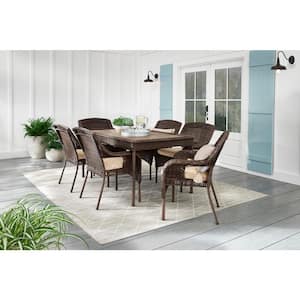 Cambridge 7-Piece Brown Wicker Outdoor Patio Dining Set with CushionGuard Toffee Trellis Tan Cushions