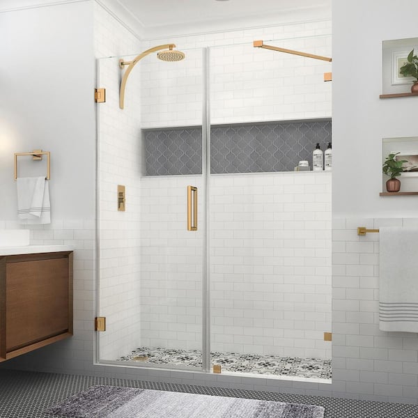 Aston Nautis XL 66.25 to 67.25 in. W x 80 in. H Hinged Frameless Shower Door in Brushed Gold with Clear StarCast Glass