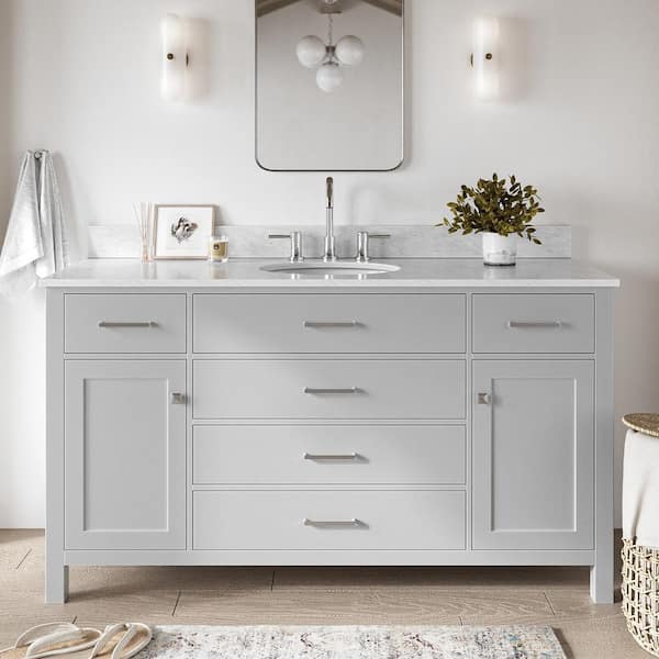 ARIEL Bristol 61 in. W x 22 in. D x 35.25 in. H Freestanding Bath Vanity in Grey with White Marble Top