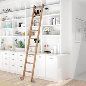8.92 ft. Red Oak Ladder (10 ft. Reach) Satin Nickel Contemporary Rolling Hardware 12 ft. Rail and Horizontal Brackets