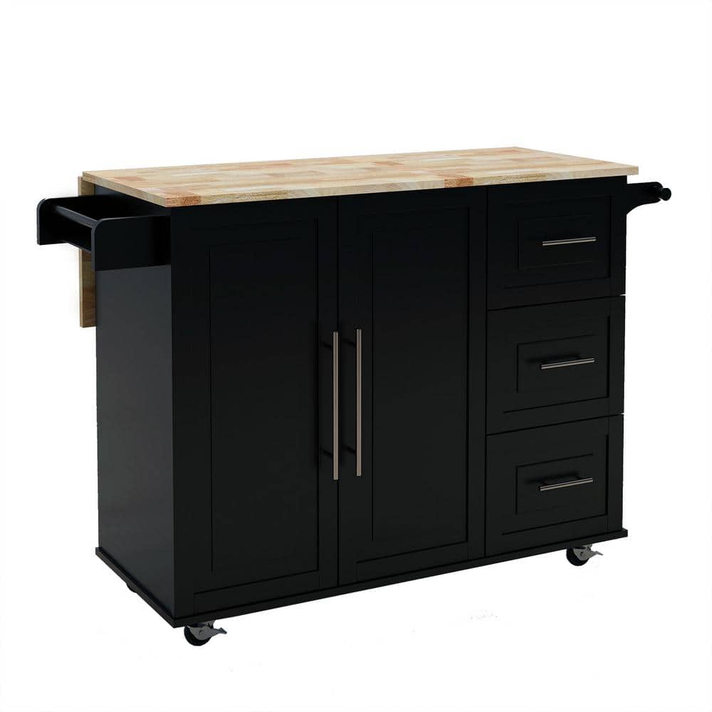 Black Wood 44 in. Farmhouse Kitchen Island with Drawers Spice Rack Towel Ra