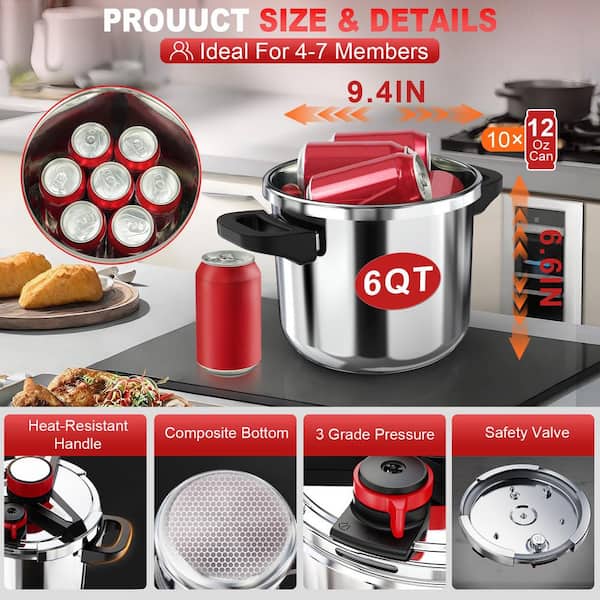 Numhew Mirror Silver 6 qt. 18/8 Stainless Steel 3-In-1 Pressure