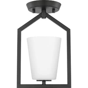 Vertex Collection 7.37 in. One-Light Matte Black Etched White Contemporary Semi-Flush Mount