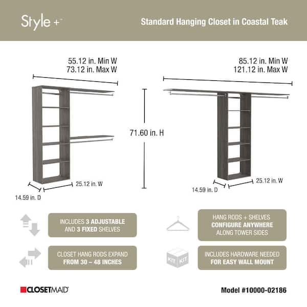 ClosetMaid Style+ 73.1 in W - 121.1 in W Coastal Teak Basic Wood Closet System Kit with Top Shelves and Modern Drawers