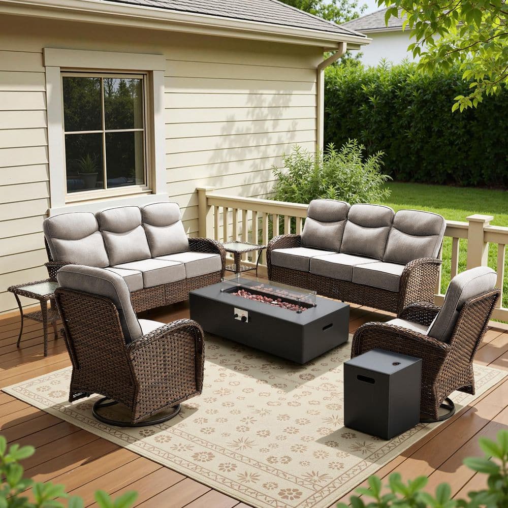 Luna Brown 7-Piece Wicker Outdoor Patio Fire Pit Seating Set with 6-Inch Olefin Beige Cushions price history on PriceWatchPro