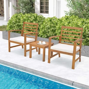 4-Piece Patio Wood Conversation Set with Soft Seat and White Cushions