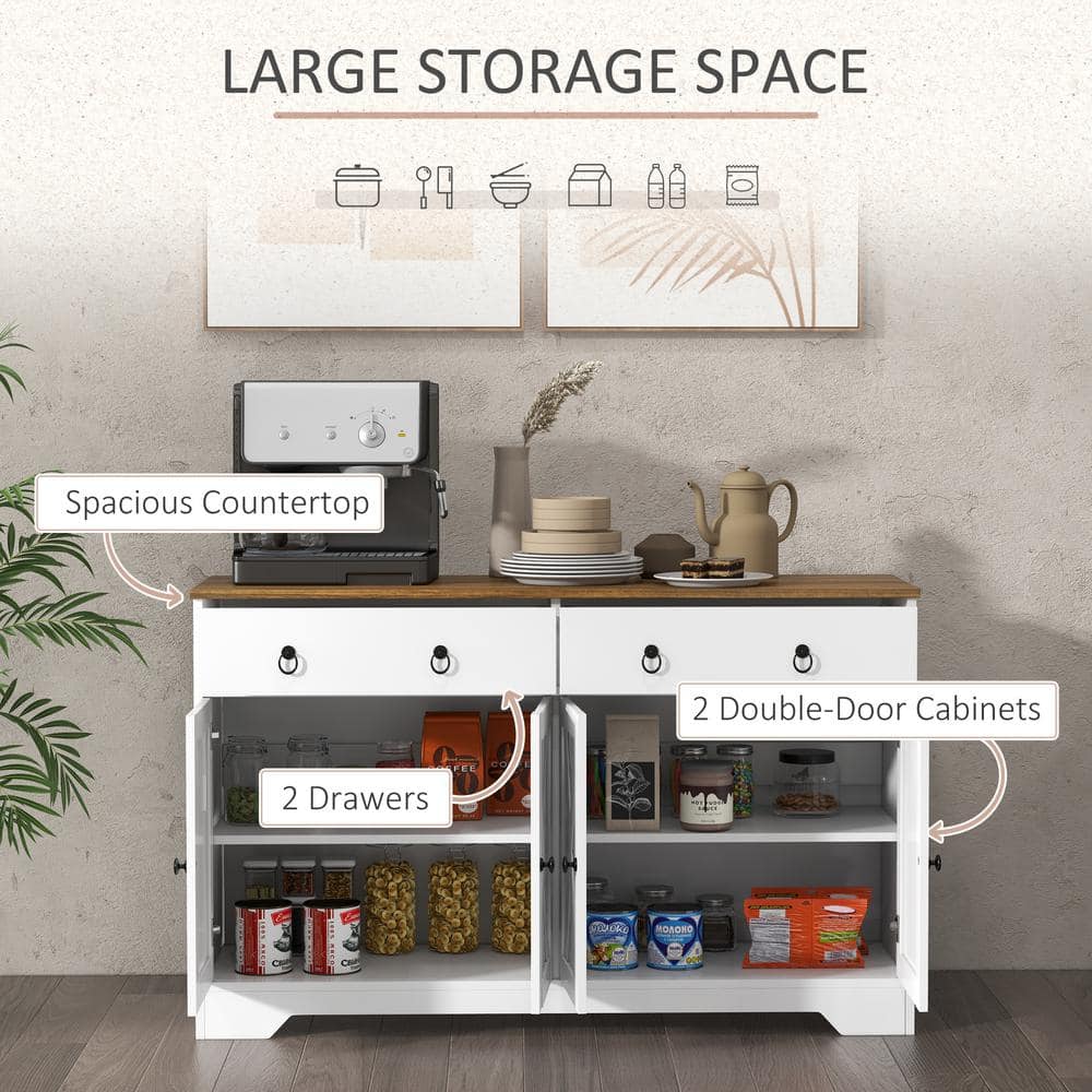 Infographic showing the storage features of the white kitchen island.