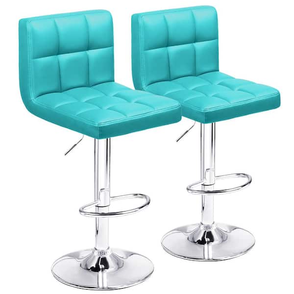 LACOO 33 in. - 44 in. Height Blue Low Back Metal Adjustable Bar Stool with PU Leather-Seat 360° Swivel (Set of 2)