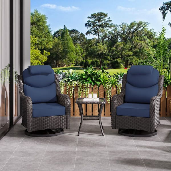 Smiley 3-Piece Brown Wicker Outdoor Rocking Chairs Patio Swivel Chairs with Headrest, Blue Cushions and Side Table
