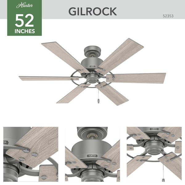 Hunter - Gilrock 52 in. Indoor Matte Silver Ceiling Fan For Bedrooms