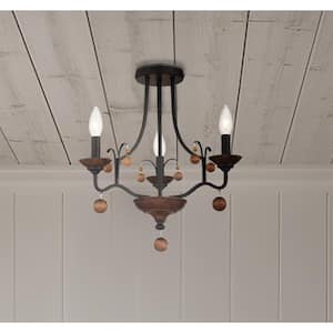 Colonial Charm 16.75 in. 3-Light Old World Bronze with Walnut Accents Semi Flush Mount