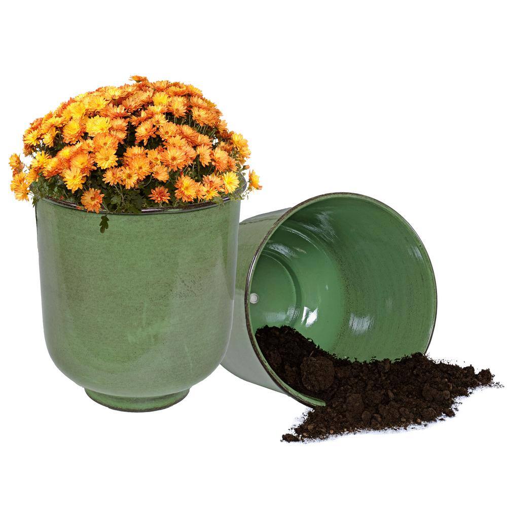 Vivian Jade Glaze 11" Metal Indoor/Outdoor Planter Set