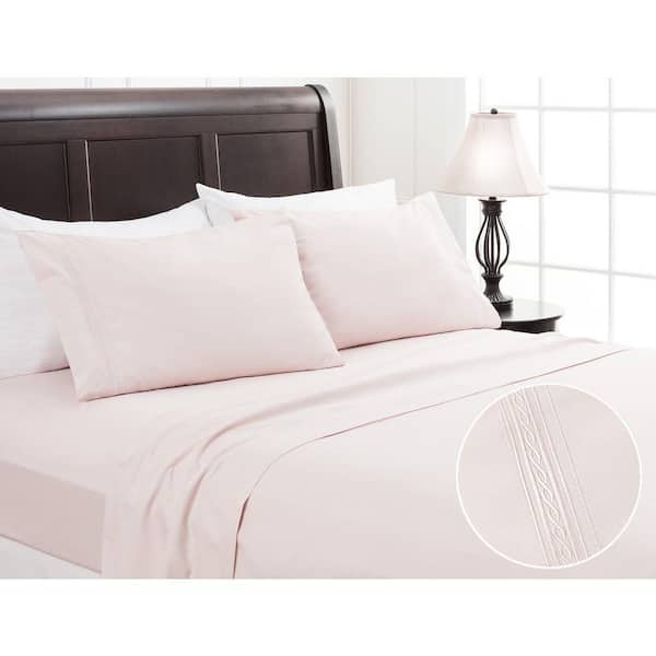 4-Piece Tan Pink Solid Color Embroidered Microfiber Bedsheets Set, Queen