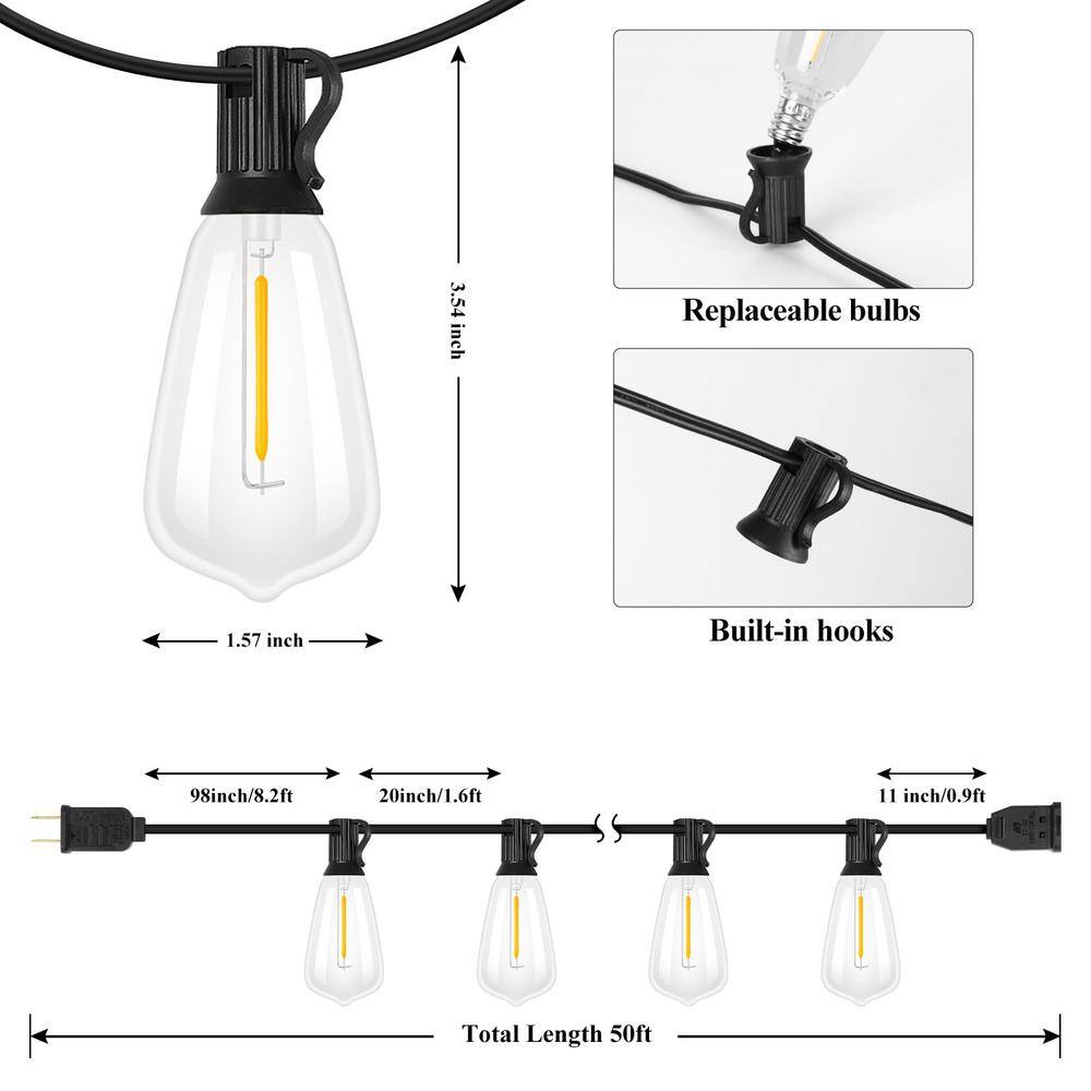 50FT Warm White LED Outdoor String Lights with Shatterproof Edison Bulbs