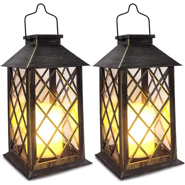 Outdoor Garden Hanging Lanterns, Waterproof LED Flickering Flameless Candle Mission Lights for Table, 2 Pack