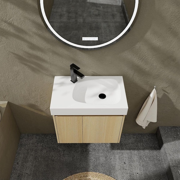 14 in. W x 24 in. D x 21 in. H 1-Sink Wall Mounted Bath Vanity in Oak with White Resin Top