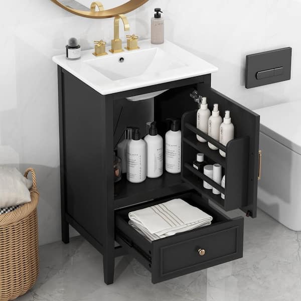 20 in. Single Sink Freestanding Black Bath Vanity with White Ceramic Top Unassembled with A Door, Door Shelf Storage