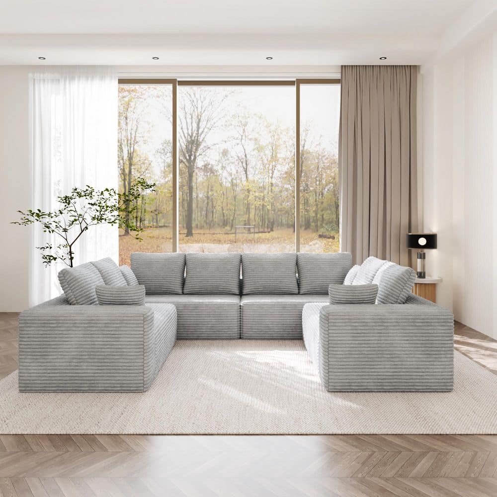 268 in. Modern Corduroy Fabric U-Shaped Upholstered 4-Pieces Free Combination Sectional Sofa in Gray