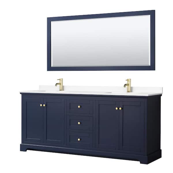 Wyndham Collection Avery 80 in. W x 22 in. D Double Vanity in Dark Blue with Cultured Marble Vanity Top in White with Basins and Mirror