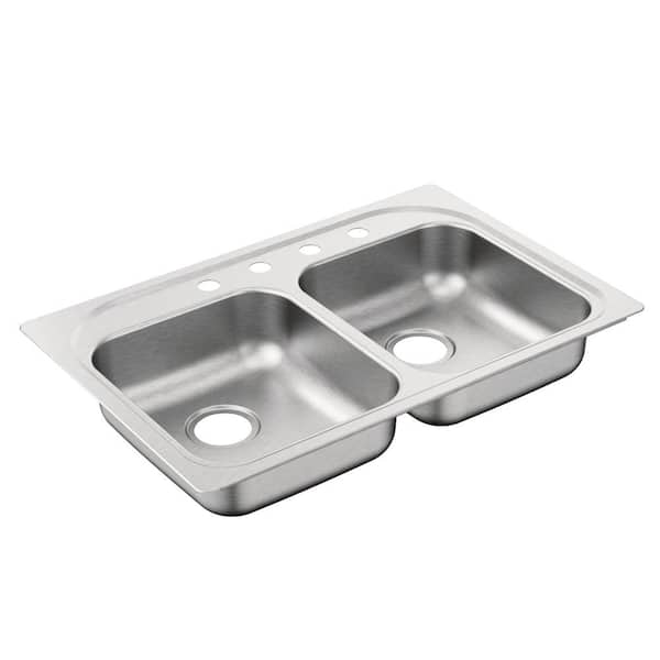 MOEN 2000 Series Drop-In Stainless Steel 33 in. 4-Hole Double Bowl Kitchen Sink with QuickMount