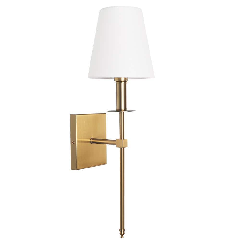 LamQee 1-Light Antique Gold Wall Sconce with White Fabric Shade ...