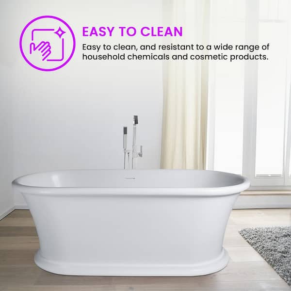 Vanity Art Drancy 67 in. Solid Surface Resin Stone Flatbottom Freestanding Bathtub in Glossy White