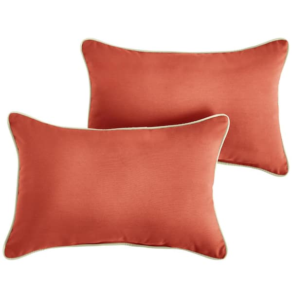 SORRA HOME Sunbrella Melon Coral Orange with Ivory Rectangular Outdoor Corded Lumbar Pillows (2-Pack)