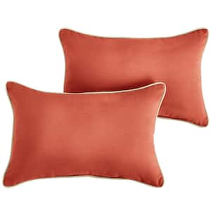 Sunbrella Melon Coral Orange with Ivory Rectangular Outdoor Corded Lumbar Pillows (2-Pack)