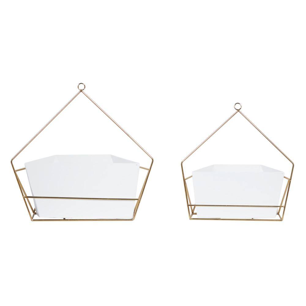 CosmoLiving Contemporary White and Gold Geometric Metal Wall Planters, Set of 2