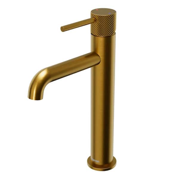 Tryst Single-Handle Single-Hole Vessel Bathroom Faucet with Matching Pop-Up Drain in Gold
