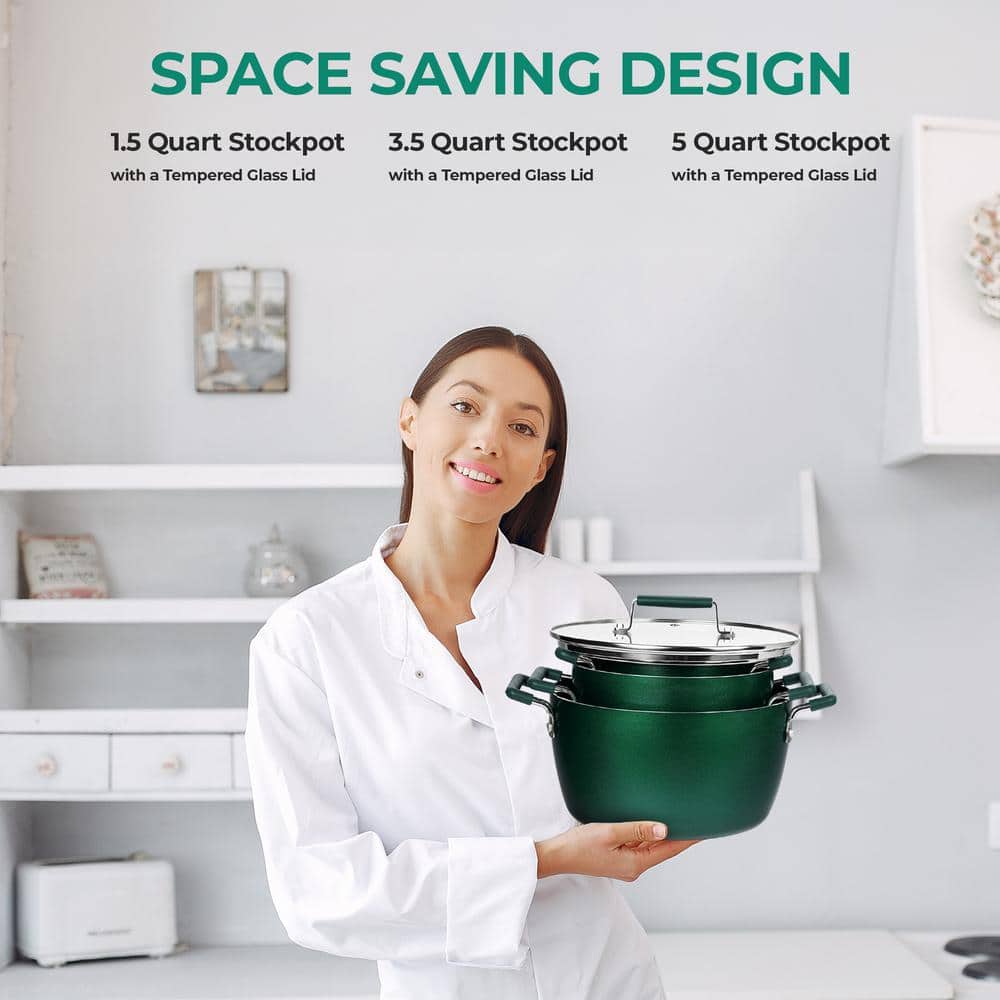 Emerald Green Aluminum Nonstick 6-Piece Nesting Cocotte Set