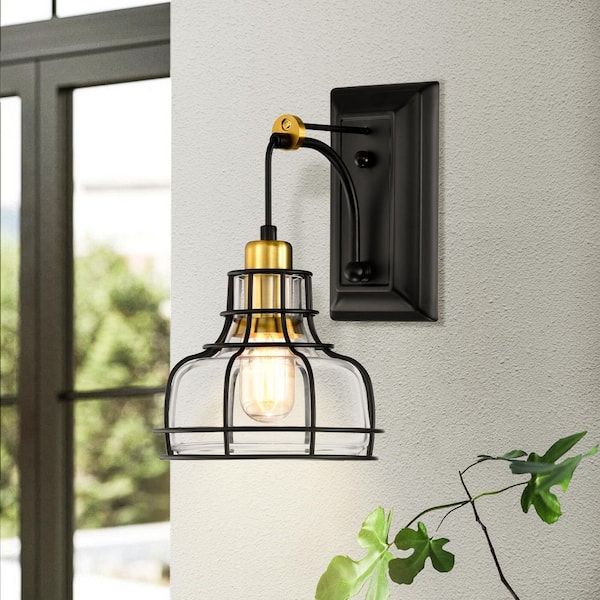 Paris 1-Light Black and Antique Gold Industrial Indoor Wall Sconce with Black Cage and Clear Glass Shade