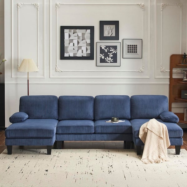 111 in. Pillow Top Arm 3-Piece U-Shaped Corduroy Mordern Sectional Sofa in Blue