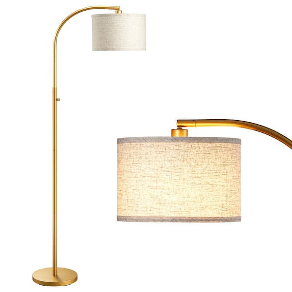 EDISHINE 63.4 in. Gold 1-Light Arc Dimmable Floor Lamp for Living Room With Fabric Drum Shad
