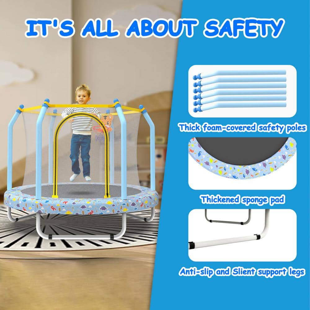 55'' Blue Round Kids' Trampoline with Enclosure Net