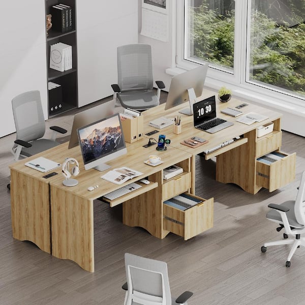55 in. Natural Office Desk with Power Outlets, 2-Storage Drawers and Keyboard Tray