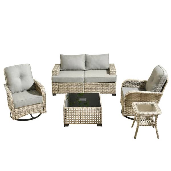 Torino Gray 6-Piece Modern Wicker Patio Conversation Deep Seating Set with Swivel Rocking Chairs and Dark Gray Cushions