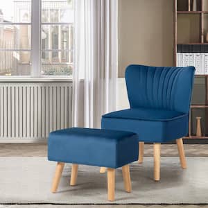 Blue Velvet Tufted Leisure Decorative Wingback Chair with Ottoman