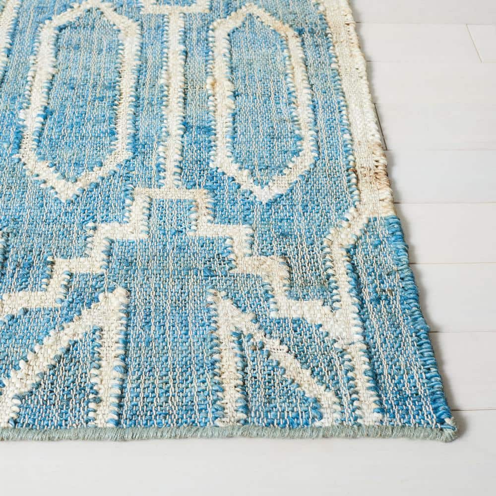 Blue and Ivory Geometric Hand-Woven Natural Fiber Runner Rug